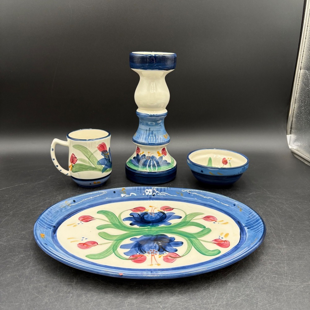Gail Pittman Pottery Set 4pc Blue Floral Platter Mug Bowl Vtg 1985 Bundle